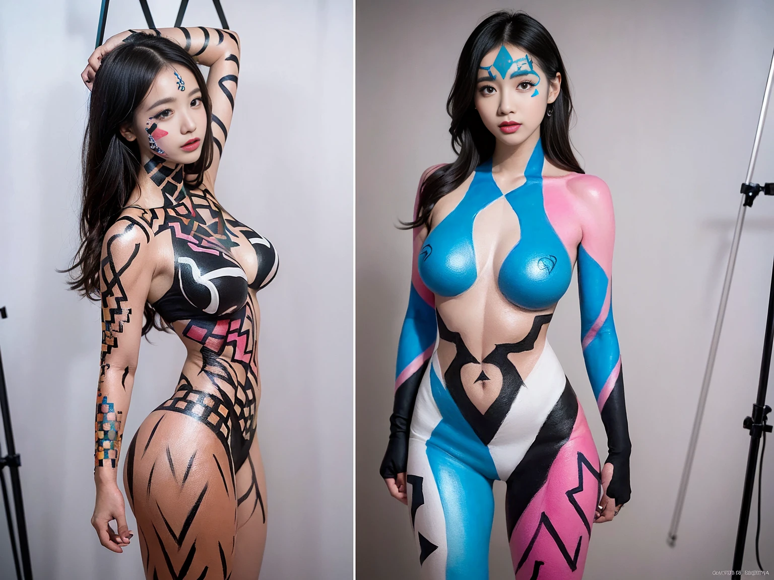 (geometric body paint photoshoot:1.5), (female model with large hips and athletic legs), (geometric and symmetrical designs), (modern and artistic poses), (studio setting), (bold patterns), (high definition), (vivid colors), (detailed textures), (highres, high quality)