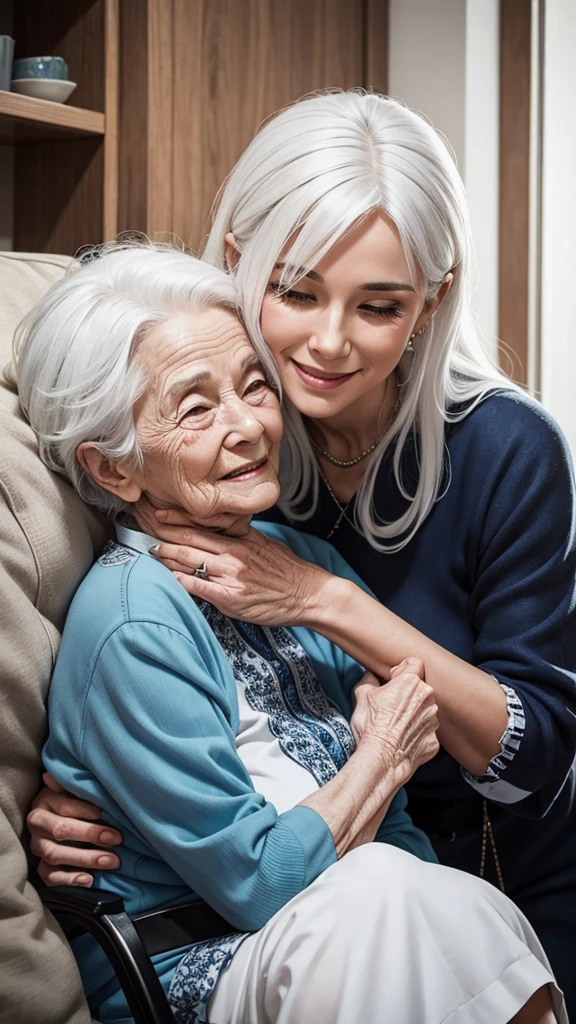 Elderly woman with white hair receives the affection of her family