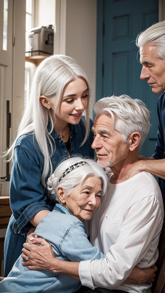 Elderly woman with white hair receives the affection of her family 
