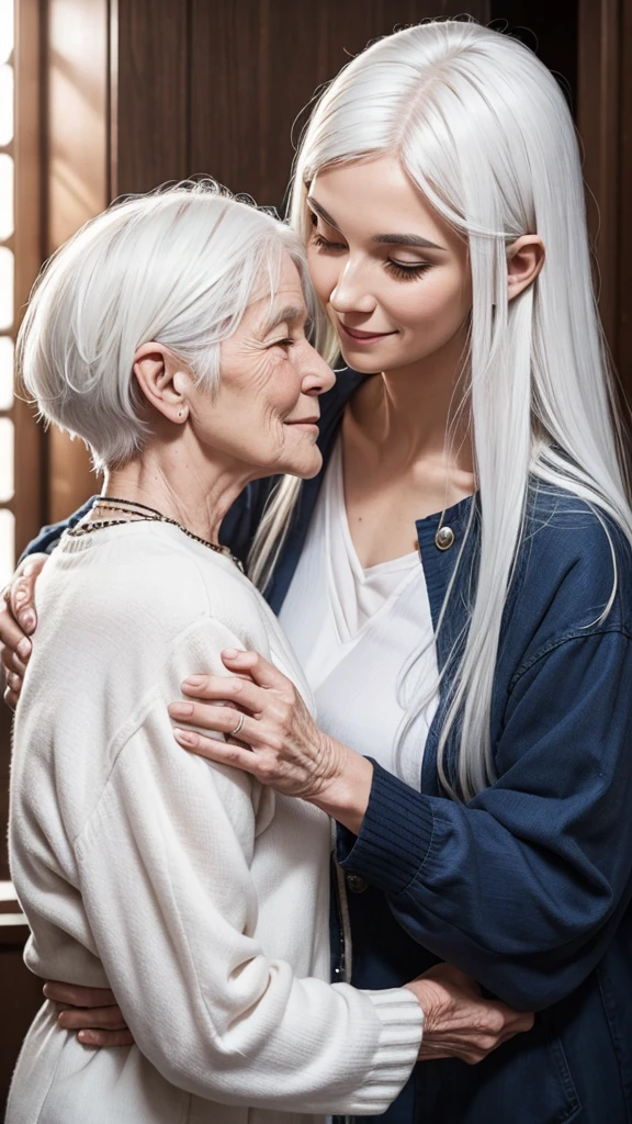 Elderly woman with white hair receives the affection of her family 