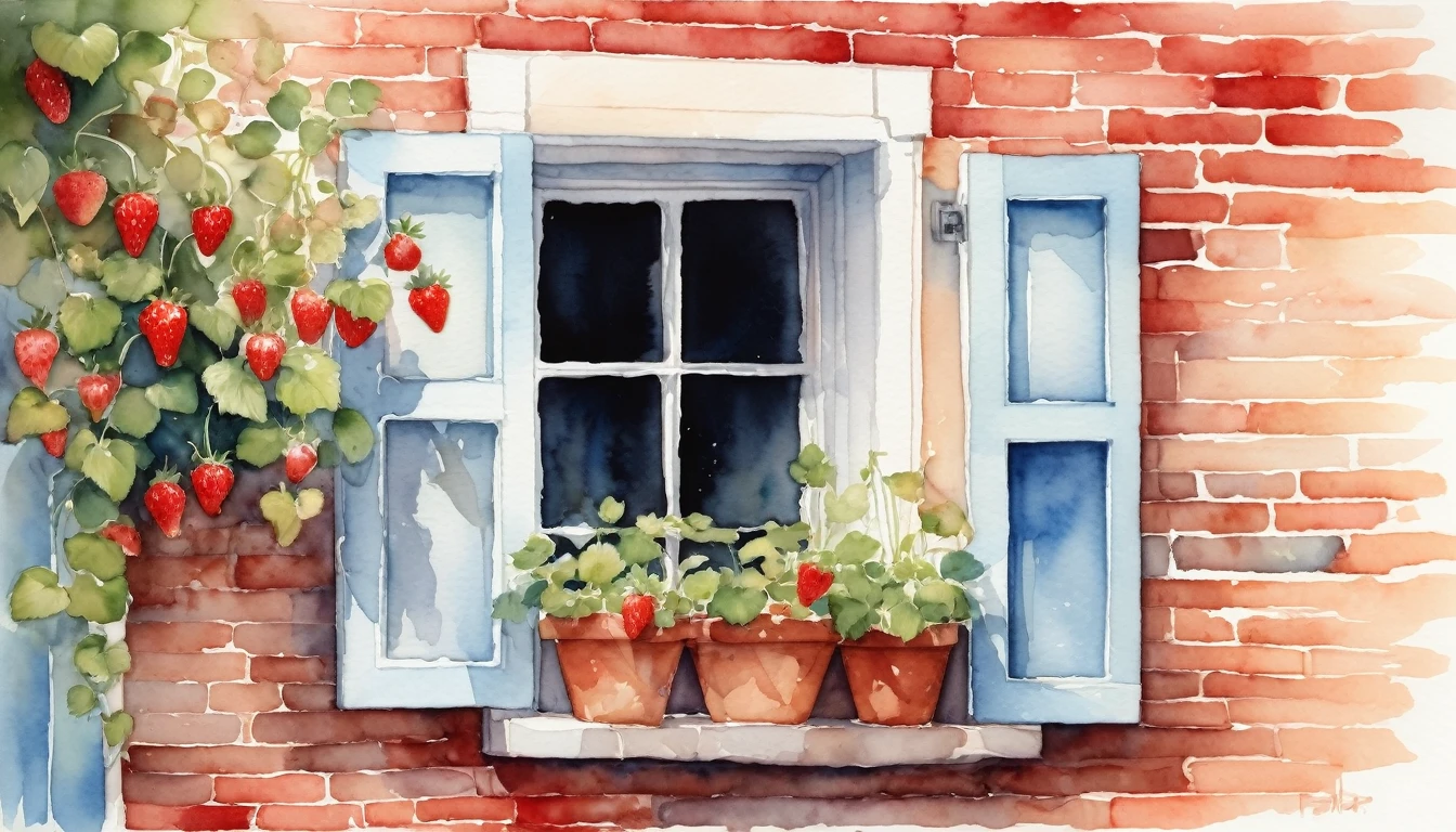 An watercolor illustration of a quaint window with light blue shutters, set in a rustic brick wall. The window has sheer white curtains softly billowing, partially obscured by an abundance of lush, vibrant red strawberries growing in terracotta pots. The scene is bathed in soft, natural light, enhancing the serene atmosphere.