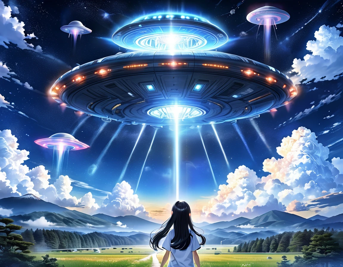 Black long hair、Twin-tailed Girl、Bigger in the center、T-shirt and jeans、Surprised face、A large unidentified flying object (UFO) is flying、Spaceman、A shining light from the UFO、blue sky、White cloud