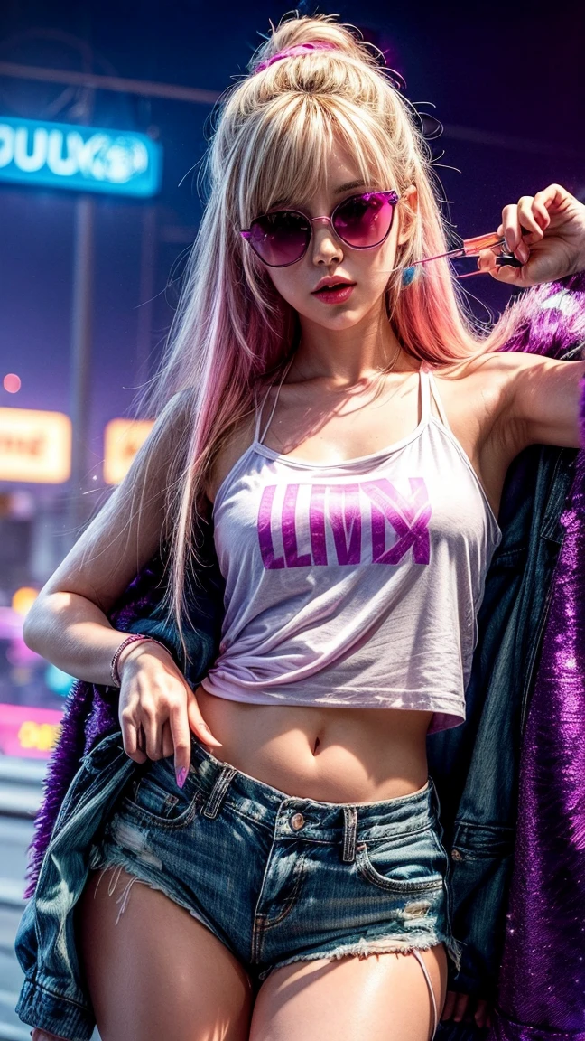 beautiful body of 30 years old woman wearing sunglasses with purple frames and pink color glass illuminated by colorful lights photorealistic background bright colors Luminous background of neon pink and neon blue glitter powder with blonde hair pink and blue smoke vapor, Blue eyes,wide,ripped shorts,White shirt,
