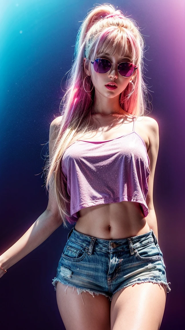 beautiful body of 30 years old woman wearing sunglasses with purple frames and pink color glass illuminated by colorful lights photorealistic background bright colors Luminous background of neon pink and neon blue glitter powder with blonde hair pink and blue smoke vapor, Blue eyes,wide,ripped shorts,White shirt,
