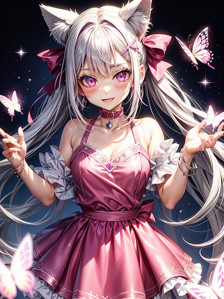 Silver hair, pink eyes, body, cat ears, woman, earrings, sparkle background, hot pink clothes, diamond hair bows, happy face, butterflies 