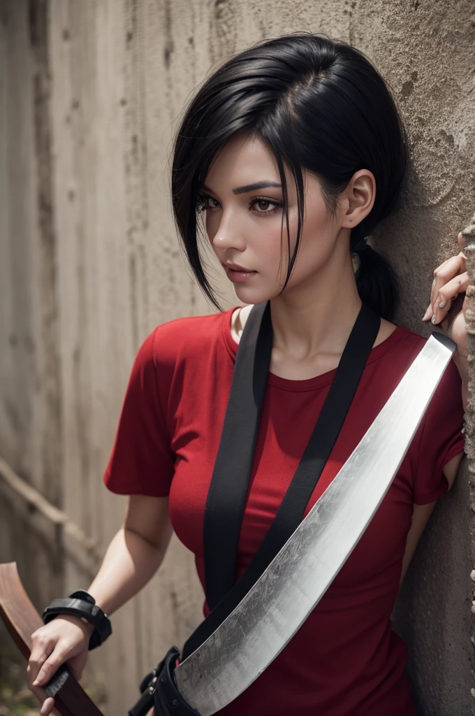 A woman with short black hair and a ponytail dressed in red looks beautiful on a wall holding a machete