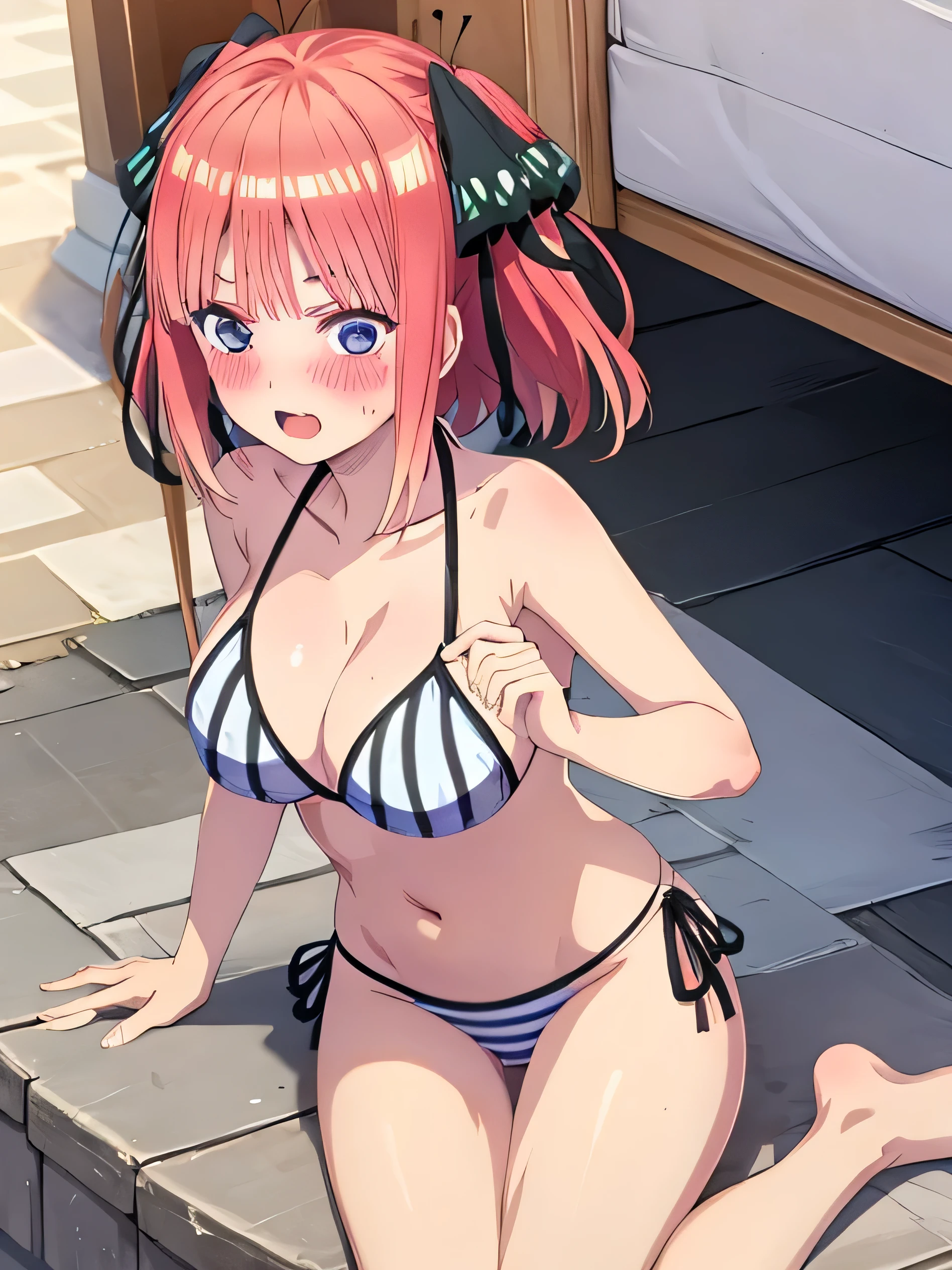 best quality, insanely detailed, nino nakano,  breasts, blush, swimsuit, bikini, striped bikini, flower print