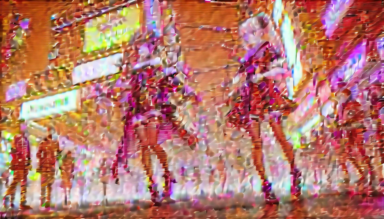 A girl dressed as a courtesan, teenager, one person, cyberpunk, red eyes, glowing eyes, neon street, courtesan procession