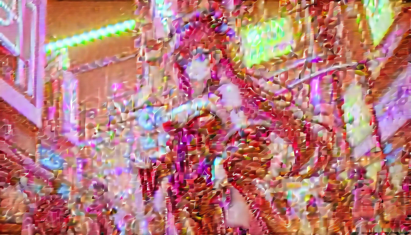 A girl dressed as a courtesan, ager, one person, cyberpunk, red eyes, glowing eyes, neon street, courtesan procession