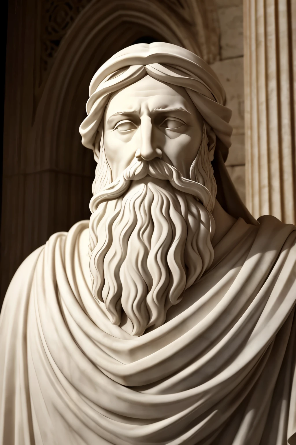 A hyper-realistic white marble sculpture of a wise, thoughtful storyteller, clad in a translucent robe reminiscent of ancient Greek narrators. Set against a muted, dramatic backdrop, the sculpture exudes a somber, contemplative mood. With intricate detailing, the sculpture captures every fold of the robe, every line of the face, and every strand of the flowing, storyteller's beard. The storyteller's eyes, half-closed, seem to hold centuries of tales within them. The scene is illuminated by bright, brushing lights, casting soft shadows throughout the sculpture, creating an aura of mystery and intrigue