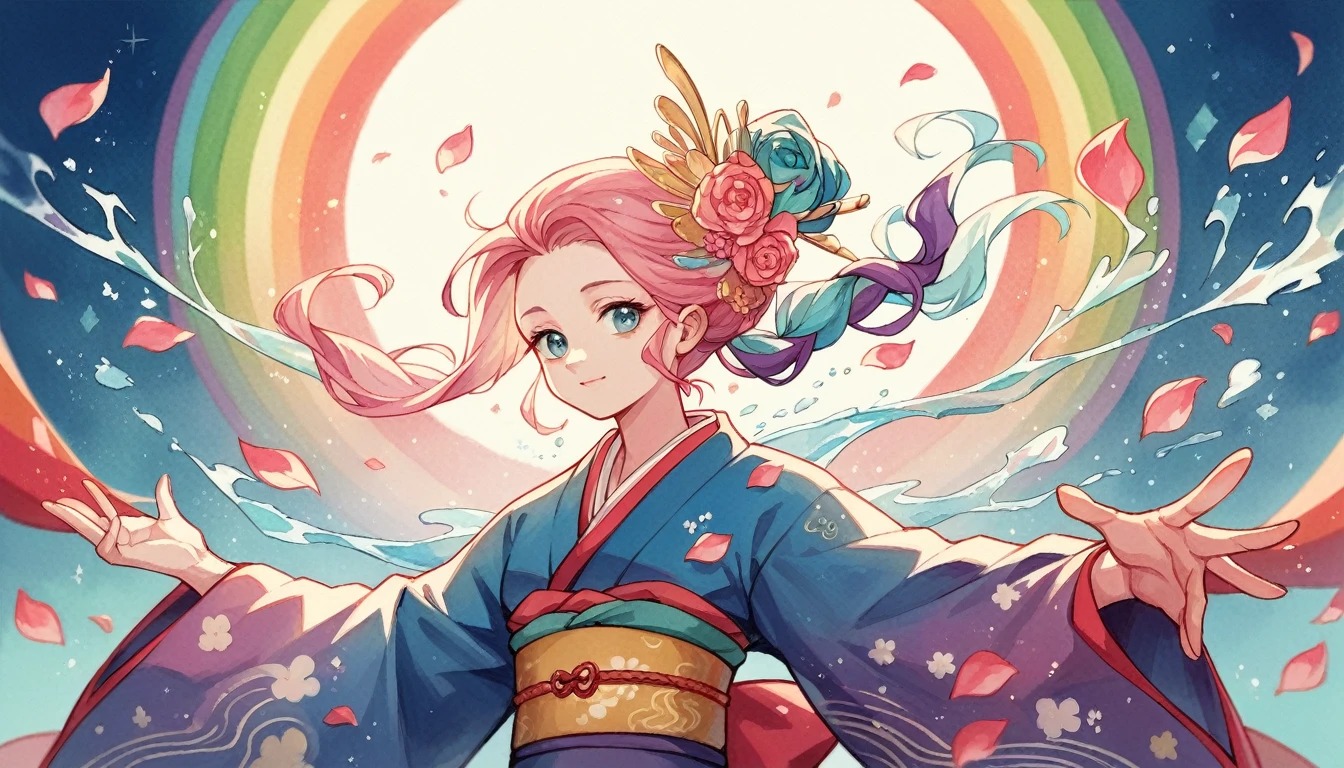 (Highest quality,masterpiece,watercolor,Splash Ink),Beautiful and delicate girl portrait,Playful and cute,Magic array,Rainbow Light,Background Petals fluttering, The combination of blue and pink,(whole body), (kimono)