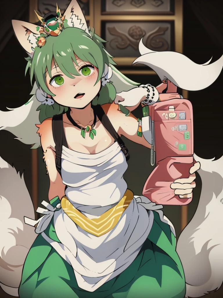 1girl, solo, (masterpiece, best quality:1.4), extremely detailed face, perfect lighting, tingyunhsr, green eyes, hair between eyes, ponytail, animal ears, fox tail, jewelry, dress, cleavage, bracelet, clothing cutout, desk, hands on own face,