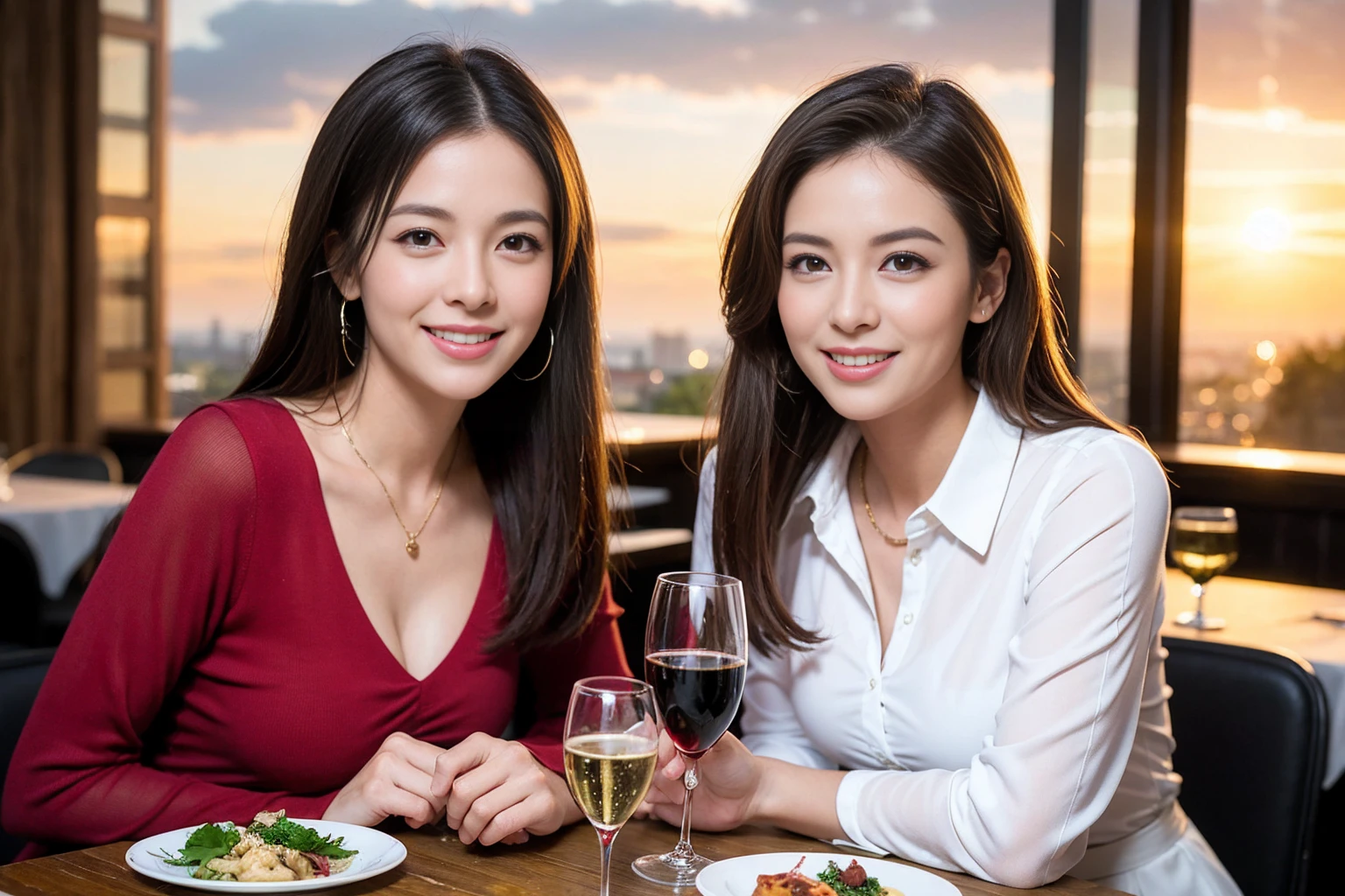 ((Highest quality、、masterpiece:1.3))、1 male、1 female、spouse、Beautiful couple、smile、full-course dinner、 (Slim face), (the body is スリム), (Brown Hair), (Shortcuts), ((Bob Hale、Straight hair:1.2)), テーブルの上のwine glass、Shine light on your face、 Amazing view of the sunset sky and clouds、smileの美しさ、Bright image、Blushing, Shortcuts, (43 years old), 39 years old, Appetizers、Italian food、Wine bottle、Champagne、sparkling wine、Long sleeve shirt、dress、Attractive beauty、restaurant, Nova Frog Style, actress, model, Upper Body, White wine, red wine, wine glass,