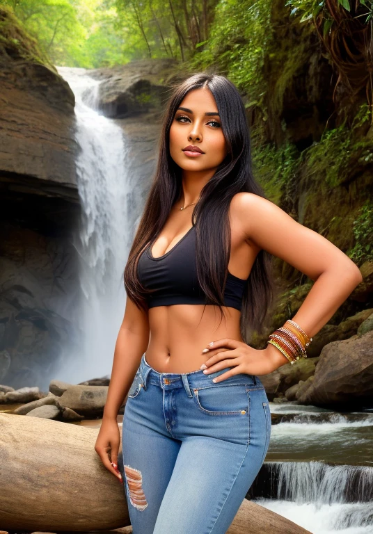 an attractive woman,Pocahontas, indian girl with brown skin, with jeans and a sleeveless shirt, 🤬 🤮 💕, beautiful peasant woman , pose natural, near a waterfall, 🐎🍑