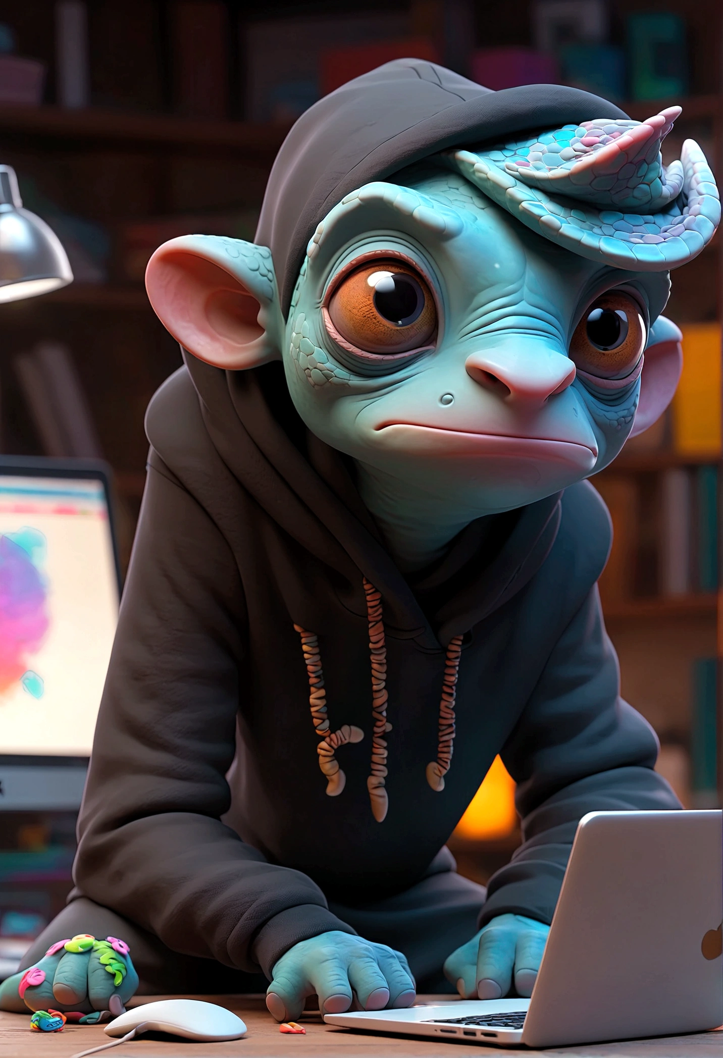 a 3D animated style chameleon character, wearing a black hoodie, blue colored eyes, sitting on a technological desktop in a creative studio, detailed facial features, detailed clothing, highy detailed, 8K, studio lighting, swirly vibrant colors, film composition