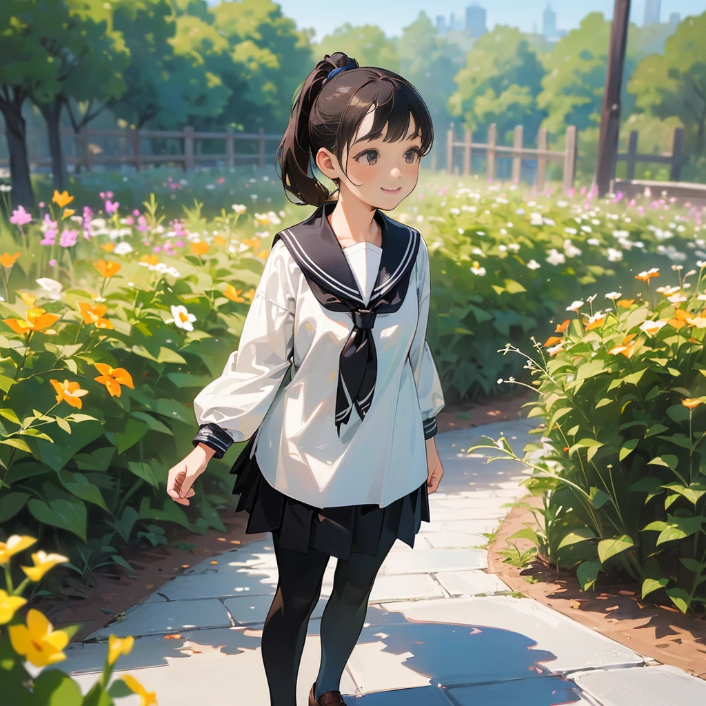 (Highest quality, High resolution, Very detailed, Realistic:1.37), Peaceful atmosphere, (Outdoor, garden), Teenage girl standing alone, Beautiful and detailed features, Cute Smile, ((Black ponytail)),Short-sleeved sailor uniform, Pleated skirt,Black tights,Brown leather shoes.