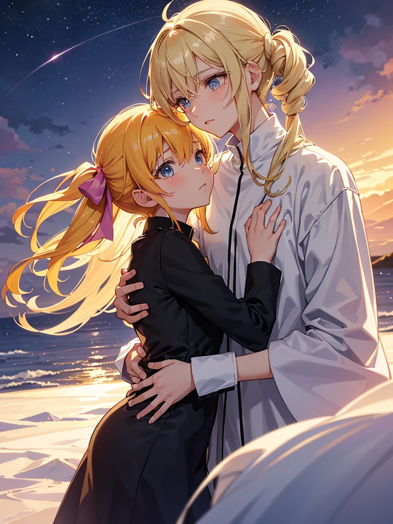 **In an emotional farewell atmosphere, a couple of friends hug each other tightly next to a spaceship. There are only the two of them, with no one else around. The boy is tall and adult, with messy black hair and deep black eyes, wearing a Dragon Ball Z style battle suit, that highlights his strong and determined figure. The girl, shorter than him, He has bright blonde hair, hairstyles in two low pigtails decorated with pink ribbons. His blue eyes reflect a mix of sadness and determination.. She is wearing a pink jumpsuit-type dress that gives her an air of innocence and tenderness..They are on a deserted launch pad, with the imposing spaceship at his side, ready to go. The atmosphere is charged with emotions, with the sky tinted a soft orange tone by the sunset. The soft wind slightly moves the girl's hair and the ribbons of her dress., as they both hold on to each other, knowing that this farewell could be final.The art style should capture the essence of Dragon Ball Z, with dynamic and expressive lines that highlight the intensity of the moment. The scene must convey the loneliness of his farewell, the deep connection between the two friends, and the uncertainty of the future that lies ahead.**