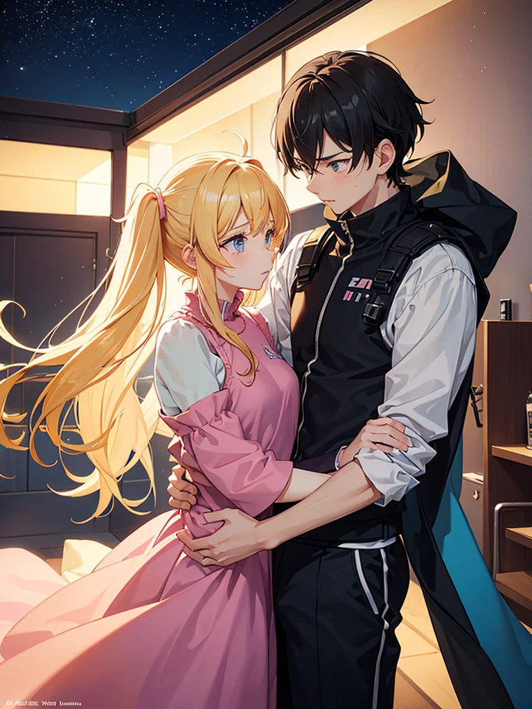 **In an emotional farewell atmosphere, a couple of friends hug each other tightly next to a spaceship. There are only the two of them, with no one else around. The boy is tall and adult, with messy black hair and deep black eyes, wearing a Dragon Ball Z style battle suit, that highlights his strong and determined figure. The girl, shorter than him, He has bright blonde hair, hairstyles in two low pigtails decorated with pink ribbons. His blue eyes reflect a mix of sadness and determination.. She is wearing a pink jumpsuit-type dress that gives her an air of innocence and tenderness..They are on a deserted launch pad, with the imposing spaceship at his side, ready to go. The atmosphere is charged with emotions, with the sky tinted a soft orange tone by the sunset. The soft wind slightly moves the girl&#39;s hair and the ribbons of her dress., as they both hold on to each other, knowing that this farewell could be final.The art style should capture the essence of Dragon Ball Z, with dynamic and expressive lines that highlight the intensity of the moment. The scene must convey the loneliness of his farewell, the deep connection between the two friends, and the uncertainty of the future that lies ahead.**