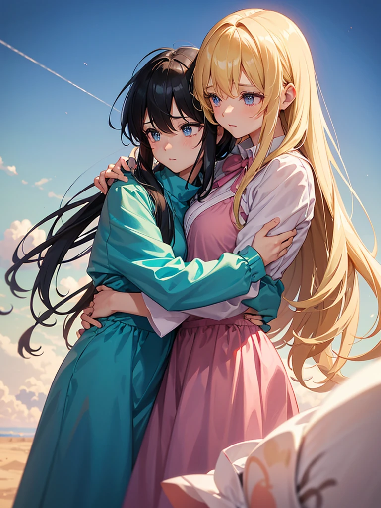 **In an emotional farewell atmosphere, a couple of friends hug each other tightly next to a spaceship. There are only the two of them, with no one else around. The boy is tall and adult, with messy black hair and deep black eyes, wearing a Dragon Ball Z style battle suit, that highlights his strong and determined figure. The girl, shorter than him, He has bright blonde hair, hairstyles in two low pigtails decorated with pink ribbons. His blue eyes reflect a mix of sadness and determination.. She is wearing a pink jumpsuit-type dress that gives her an air of innocence and tenderness..They are on a deserted launch pad, with the imposing spaceship at his side, ready to go. The atmosphere is charged with emotions, with the sky tinted a soft orange tone by the sunset. The soft wind slightly moves the girl's hair and the ribbons of her dress., as they both hold on to each other, knowing that this farewell could be final.The art style should capture the essence of Dragon Ball Z, with dynamic and expressive lines that highlight the intensity of the moment. The scene must convey the loneliness of his farewell, the deep connection between the two friends, and the uncertainty of the future that lies ahead.**