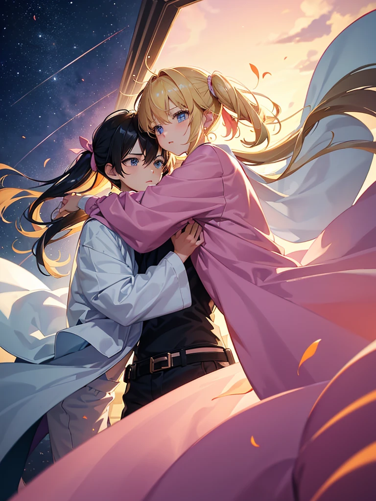 **In an emotional farewell atmosphere, a couple of friends hug each other tightly next to a spaceship. There are only the two of them, with no one else around. The boy is tall and adult, with messy black hair and deep black eyes, wearing a Dragon Ball Z style battle suit, that highlights his strong and determined figure. The girl, shorter than him, He has bright blonde hair, hairstyles in two low pigtails decorated with pink ribbons. His blue eyes reflect a mix of sadness and determination.. She is wearing a pink jumpsuit-type dress that gives her an air of innocence and tenderness..They are on a deserted launch pad, with the imposing spaceship at his side, ready to go. The atmosphere is charged with emotions, with the sky tinted a soft orange tone by the sunset. The soft wind slightly moves the girl's hair and the ribbons of her dress., as they both hold on to each other, knowing that this farewell could be final.The art style should capture the essence of Dragon Ball Z, with dynamic and expressive lines that highlight the intensity of the moment. The scene must convey the loneliness of his farewell, the deep connection between the two friends, and the uncertainty of the future that lies ahead.**