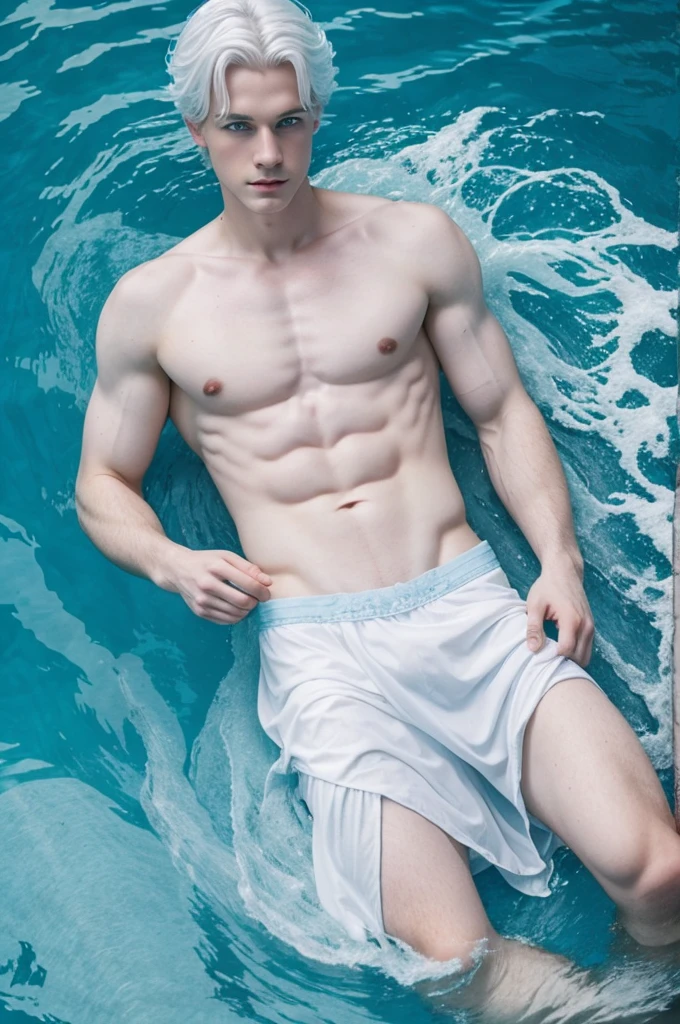 Boy, white hair, blue eyes, pale, merman