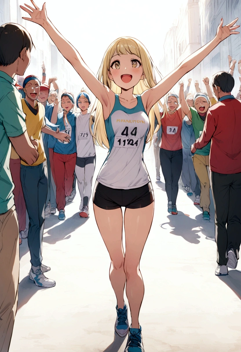 Emma standing at the starting line of a marathon, with a crowd of townspeople cheering her on.
