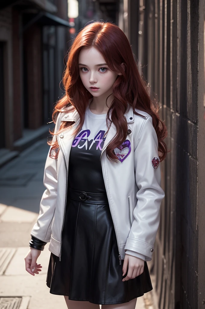 A young woman, small and delicate heart-shaped face, pale skin, very long wavy red hair, dreamy purple eyes. She’s standing all alone in a dark alley wearing a white shirt with a leather jacket. Marvel comics inspired. Marvel girl HQ.