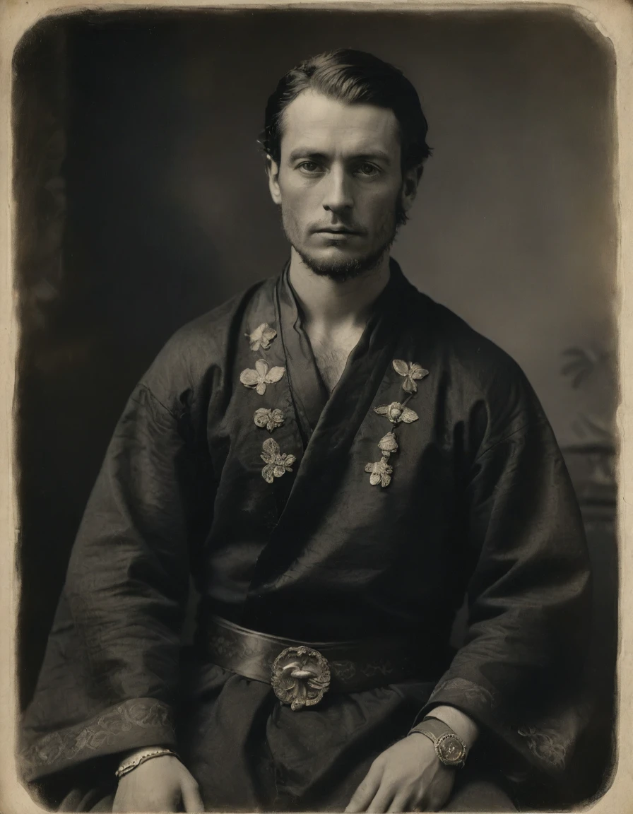 Masterpiece, best quality, (by Adolph Menzel) ((((Rough monochrome, daguerreotype on old paper, male focus)))), the composition is: (((a young male Roman nobleman, sullen, facing viewer. Tattoos, His face is tattooed. He is wearing a black silken robe with samurai elements, sashes, medals, diamond shape symbology, moth symbology, jungle background))).