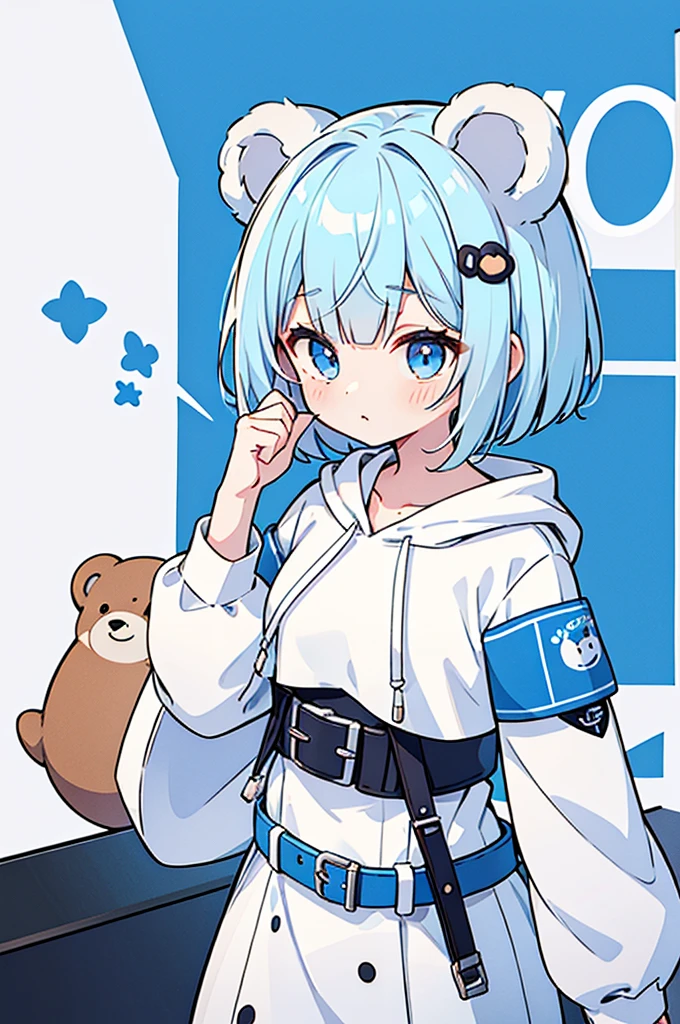 He is wearing a white hoodie with bear ears.、Light blue eyes、Light blue bob cut、There are lots of badges made from cans on the clothes..。White skirt and blue belt、Calm girl