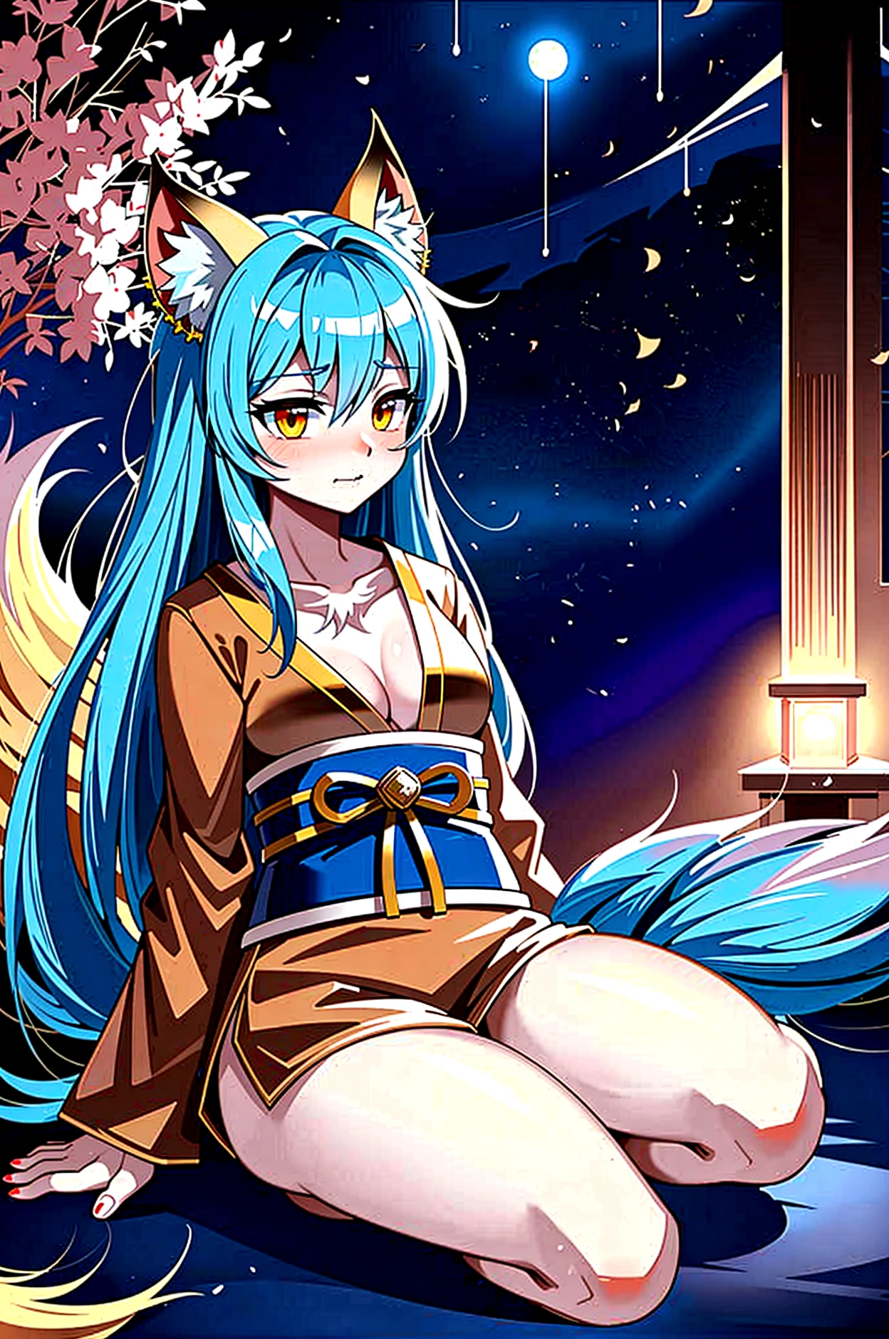 fox Light blue hair 　beast girl　indigo fur　fox beast girl　fox Light blue hair 　beast girl　indigo fur　fox beast girl　Wallpaper 4k,8k,highly detailled,,vivid colors,detailed kitsune with 9 tails,traditional Japanese artwork,tatami floor,beautiful cherry blossoms,floating lanterns,dark silhouette of a pagoda,subtle moonlight,dense forest,ethereal atmosphere,dappled sunlight,whimsical spirit,serene expression,elaborate kimono and obi,delicate hand-painted details,luminous eyes　Anime Style　fox　blue　White-faced golden-haired nine-tailed fox　Coat blue　　　mysterious background　Blue Flame　girl　have a ball of light Anime Style　fox　blue　White-faced golden-haired nine-tailed fox　Coat blue　　　mysterious background　Blue Flame　girl　have a ball of light
