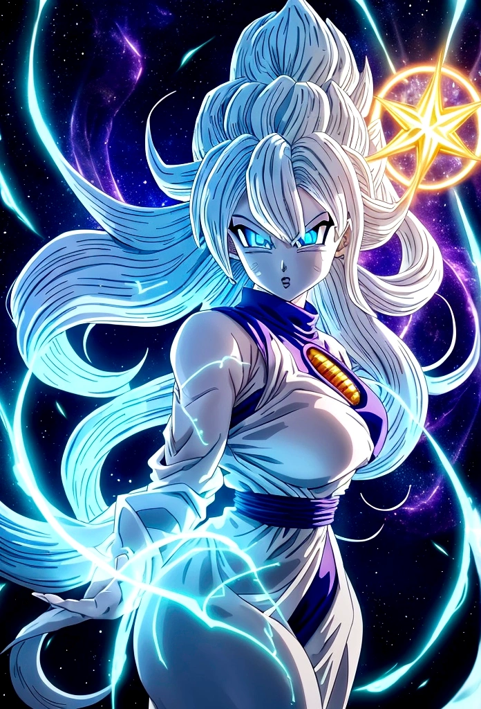 Dragon Ball Goddess stunningly beautiful woman with long, flowing hair that seems to shimmer with arcane energy. Her eyes glow with an otherworldly light, and intricate magical runes adorn her skin, pulsing softly with power. She wears a form-fitting attire that blends mystic symbols and modern elegance, reflecting her timeless nature.