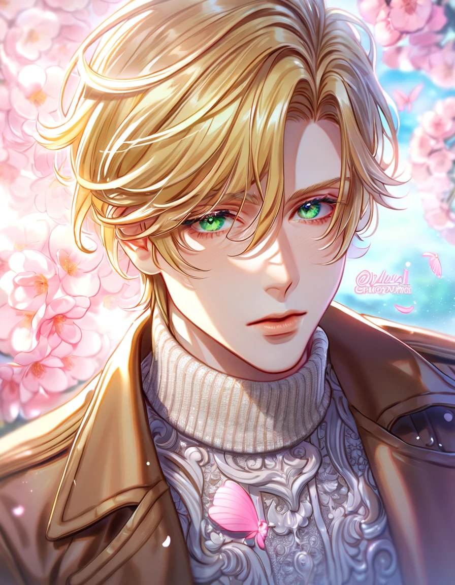 absurdres, highres, ultra detailed, HDR, master piece, best quality, Ash Lynx, blonde hair, expressive green eyes, banana fish, solo, sexy man, handsome, brown coat, white sweater, fantasy, shining, pink flowers, pink blossoms, pink butterflies, pink petals