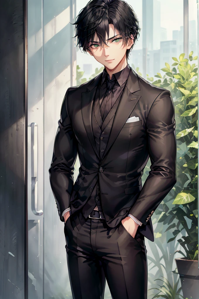 (masterpiece; best quality: 1.2), (finely detailed beautiful eyes: 1.5), ((1 man)), ((solo)), (green eyes: 1.4), (masculine; lean: 1.3), (finely detailed eyes and detailed face: 1.3), (very short black hair: 1.3), (beautiful and clear background: 1.2), (extremely detailed CG, ultra-detailed, best shadow: 1.1), ((depth of field)), (clothes; black blazer, pants + white shirt: 1.3), beautiful concept illustration, (background; suburban house interior + furniture: 0.8), (extremely fine and handsome: 1.1), (perfect details :1.1, (shot composition; standing + close-up: 1.5), (expression; calm, smile: 1.2)