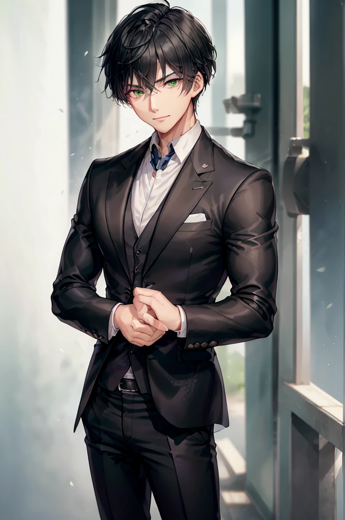 (masterpiece; best quality: 1.2), (finely detailed beautiful eyes: 1.5), ((1 man)), ((solo)), (green eyes: 1.4), (masculine; lean: 1.3), (finely detailed eyes and detailed face: 1.3), (very short black hair: 1.3), (beautiful and clear background: 1.2), (extremely detailed CG, ultra-detailed, best shadow: 1.1), ((depth of field)), (clothes; black blazer, pants + white shirt: 1.3), beautiful concept illustration, (background; suburban house interior + furniture: 0.8), (extremely fine and handsome: 1.1), (perfect details :1.1, (shot composition; standing + close-up: 1.5), (expression; calm, smile: 1.2)