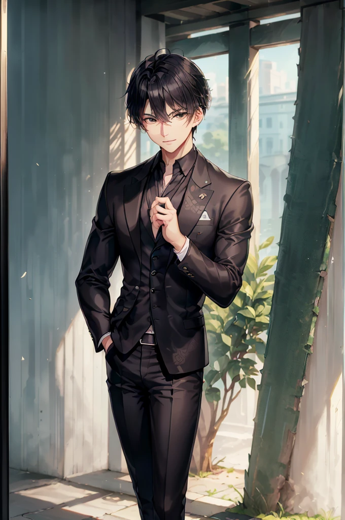 (masterpiece; best quality: 1.2), (finely detailed beautiful eyes: 1.5), ((1 man)), ((solo)), (green eyes: 1.4), (masculine; lean: 1.3), (finely detailed eyes and detailed face: 1.3), (very short black hair: 1.3), (beautiful and clear background: 1.2), (extremely detailed CG, ultra-detailed, best shadow: 1.1), ((depth of field)), (clothes; black blazer, pants + white shirt: 1.3), beautiful concept illustration, (background; suburban house interior + furniture: 0.8), (extremely fine and handsome: 1.1), (perfect details :1.1, (shot composition; standing + close-up: 1.5), (expression; calm, smile: 1.2)