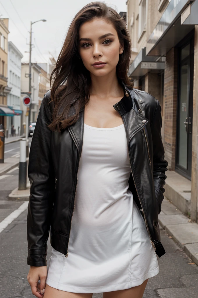 high-quality, elegant image of a woman confidently modeling in the streets, well-fitted leather jacket with detailed zippers, buttons, and seams. The jacket should look glossy and high-quality with light reflections emphasizing its texture. The model should have a modern, chic appearance with contemporary clothing and accessories, elegantly styled hair, and minimal, tasteful makeup. Use a clean studio background with professional lighting to highlight the model and the jacket, ensuring all contours and details are well-defined