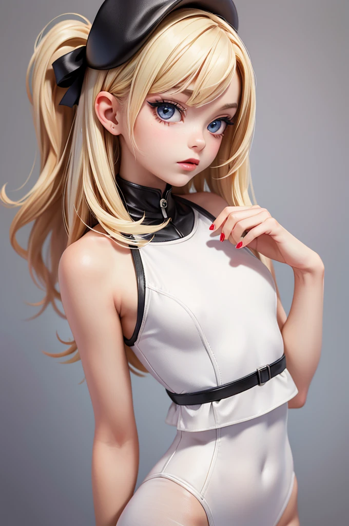 hyperrealistic american teen, blonderfect tiny body, sexy, dark makeup, perfect slim face, big red lips, very cute face, tiny body, big eyes, young looking, childish looking, all white tight minimalist suit