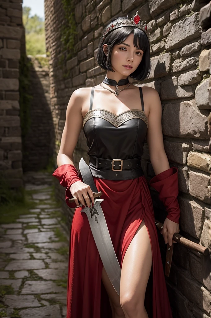 A beautiful medieval woman holding a machete on a medieval wall with short black hair dressed in red with a diamond belt and wearing a small crown