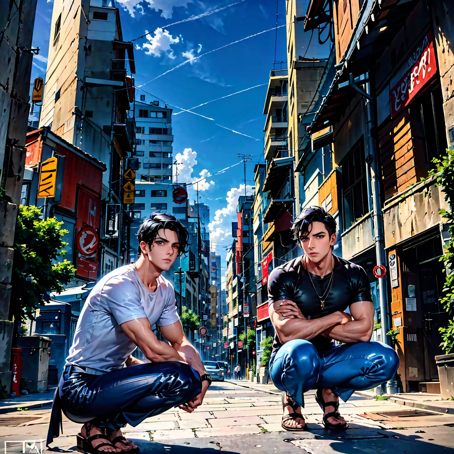 The cartoon-like illustration, fantastic atmosphere, a very handsome young man with black hair and black eyes, wearing a blue and white T-shirt, blue pants, and black sandals, squatting in a cityscape with a blue sky. He has a detailed, symmetrical face and clear, expressive eyes. The background should be a modern cityscape with a vibrant urban atmosphere.