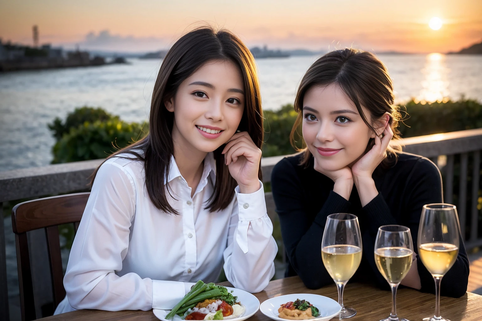 ((Highest quality、8K、masterpiece:1.3))、1 male 1 female、Satomi Ishihara、Beautiful couple、smile、full-course dinner、 (Slim face), (the body is スリム), (Brown Hair), (Shortcuts), ((Bob Hale、Straight hair:1.2)), テーブルの上のwine glass、Put the light on your face、 Amazing view of the sunset sky and clouds、smileの美しさ、Bright image、Blushing, Shortcuts, (43 years old), 39 years old, Appetizers、Italian food、Wine bottle、Champagne、sparkling wine、Long sleeve shirt、dress、Attractive beauty、restaurant, Nova Frog Style, actress, model, Upper Body, White wine, red wine, wine glass, 