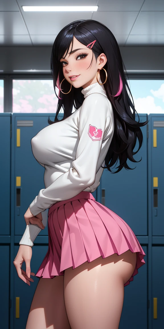 beautiful, stunning mature woman gyru, large and sagging breasts, Black hair with pink highlights., pink eyes, hoop earrings, (pleated skirt, superiority, Mischievous, thighs gruesos, turtleneck sweater, long sleeves, with open neckline: 1.1), (micropleated skirt: 1.3), black thigh socks,((Masterpiece, Best Quality; 1.3)), ultra detailed, 8k unity wallpapers, CG, ray tracing, illustration, showy , cinematic shadow, extremely detailed and beautiful background, hd video, ray shading, RT)), (whore face: 1.2), evil smile, (medium and sagging breasts), Wide hips, big ass, Flirting with the viewer, in front of the viewer, Face blush, standing in front, pose sexy, cowboy shot, locker room, bright, bright light, ultra detailed, scenic, atmospheric, bimbo, big lips, locker room, detailed face and eyes, nod, privacy, medium shot, thigh, from below, improve, hair clip under