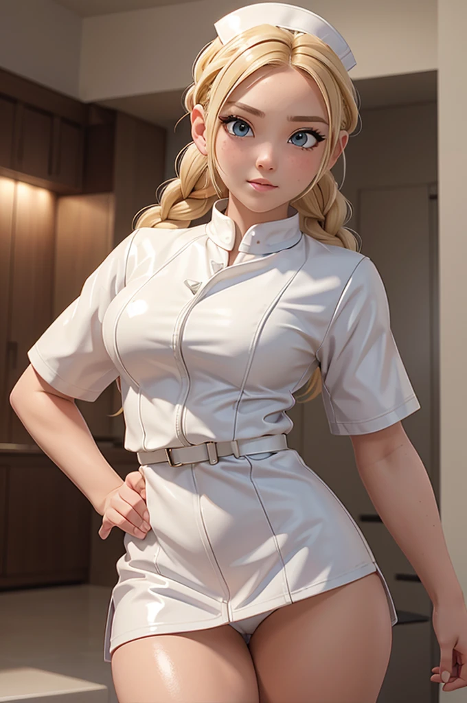1girl, Blonde braided hair, Warrior, dressed in Glossy White Leather, also she's a Nurse, on the battle field.