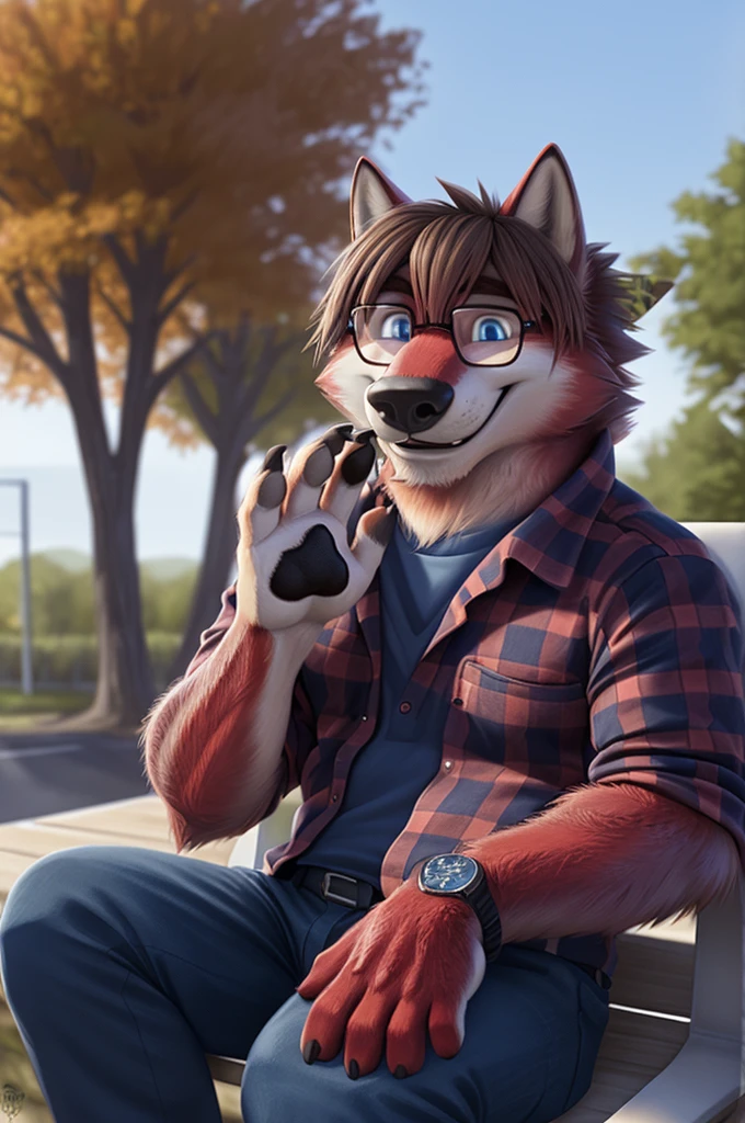 Ivan Fedorovich Wolfbach (Novosibirsk) ,tall handsome, wolf,young, 24 years, brown fur,Kind,(red body:1.3),beautiful blue eyes,Novosibirsk,dressed, glasses,plaid shirt, jeans,dear Joachim,canine, wolf, detailed fur, male, second, paw pads, finger claws,At the viewer, 5 fingers, paws, 5 fingers, smile, wrist watch, т nextel,by xenoforge, (difficult, high detail, digital photography, soft focus, RAW,goes for a walk, ,Very close to the camera, variety,Novosibirsk, smile, good mood, positive, Very close to the camera, plaid shirt, in dentistry,hair, brunette bangs, , covered,
Photorealism, realistic, photorealistic, digital style, Subsurface scattering,I look at the viewer,is sitting, waiting for the doctor, of the brown car, perfume perfumery, plaid shirt, cuts his hair,
masterpiece, Best quality, ultra realistic, 8 thousand.)
