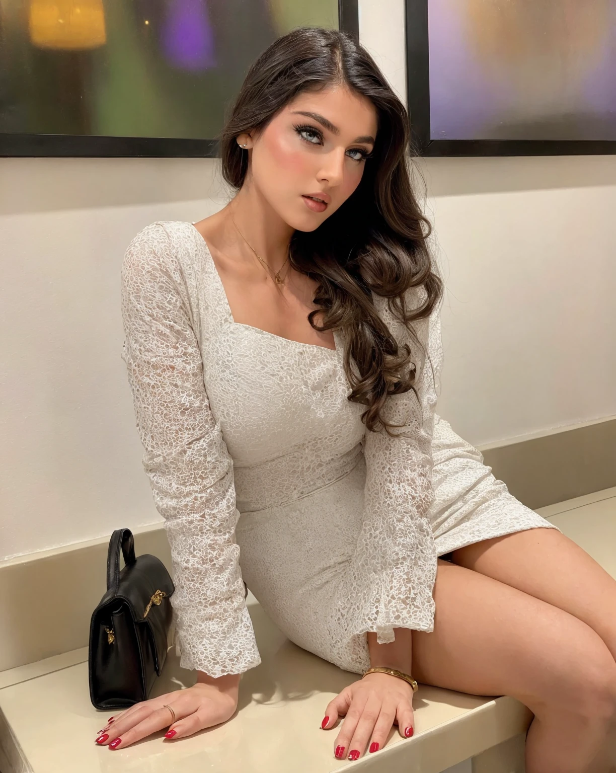 Araffe woman sitting at a counter with a purse and a purse, Violet Myers, Pretty Woman, julia sardinian, sexy dress, Lovely woman, with white dress, fitted dress, in white clothes, a beautiful woman dressed in white, White suit, Stunning ivory dress, pretty young woman, attractive girl, Young and beautiful woman, Califa Mia, chica sexy