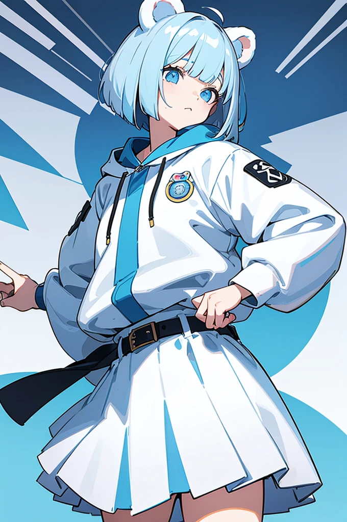 He is wearing a white hoodie with bear ears.、Light blue eyes、Light blue bob cut、There are lots of badges on the clothes..。White skirt and blue belt、Calm girl