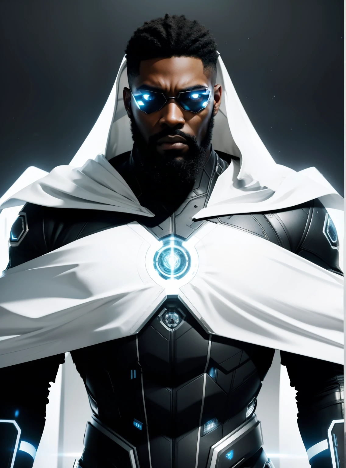 Waist up ((Extremely detailed asymmetric realistic masterpiece)) hyperrealistic masterpiece, black man Superhero with big beard((in futuristic aesthetic style)) in extremely detailed tech plugsuit, cinematic illumination: 8k, glowing, concept art, smooth, sharp focus, illustration