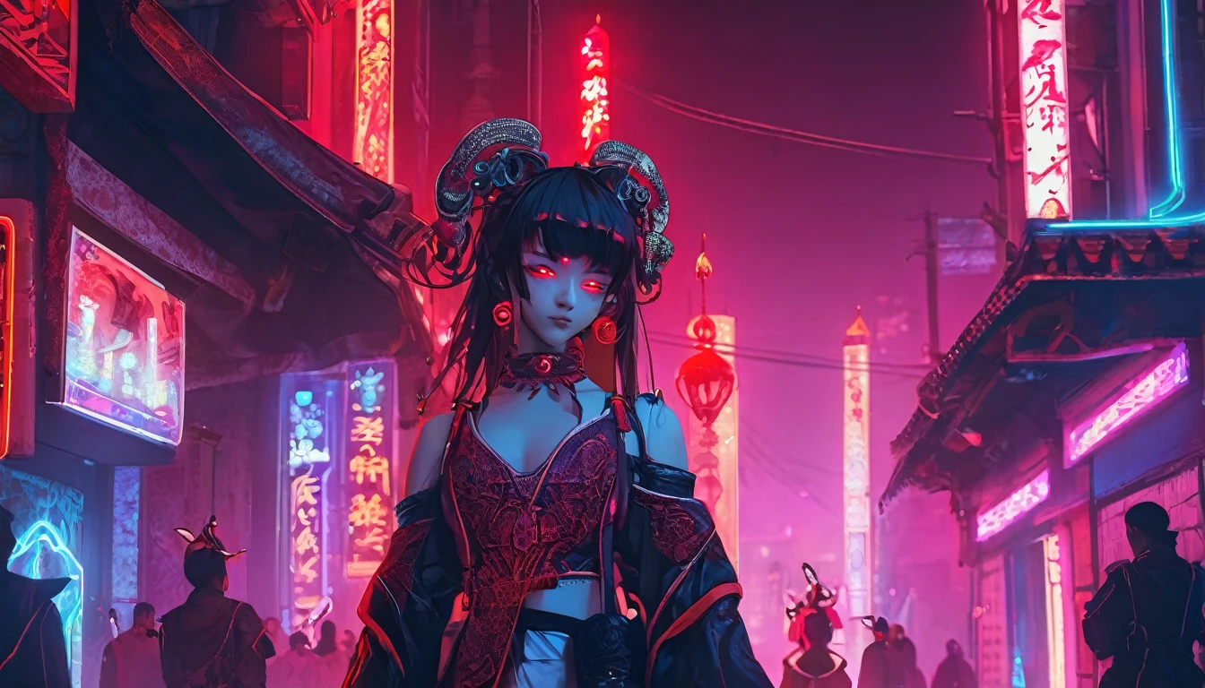A girl dressed as a courtesan, ager, one person, cyberpunk, red eyes, glowing eyes, neon street, courtesan procession