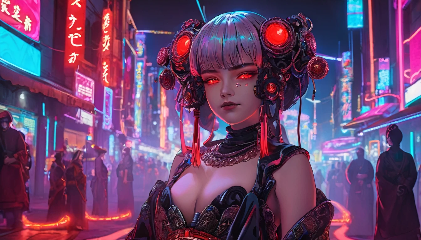 A girl dressed as a courtesan, ager, one person, cyberpunk, red eyes, glowing eyes, neon street, courtesan procession