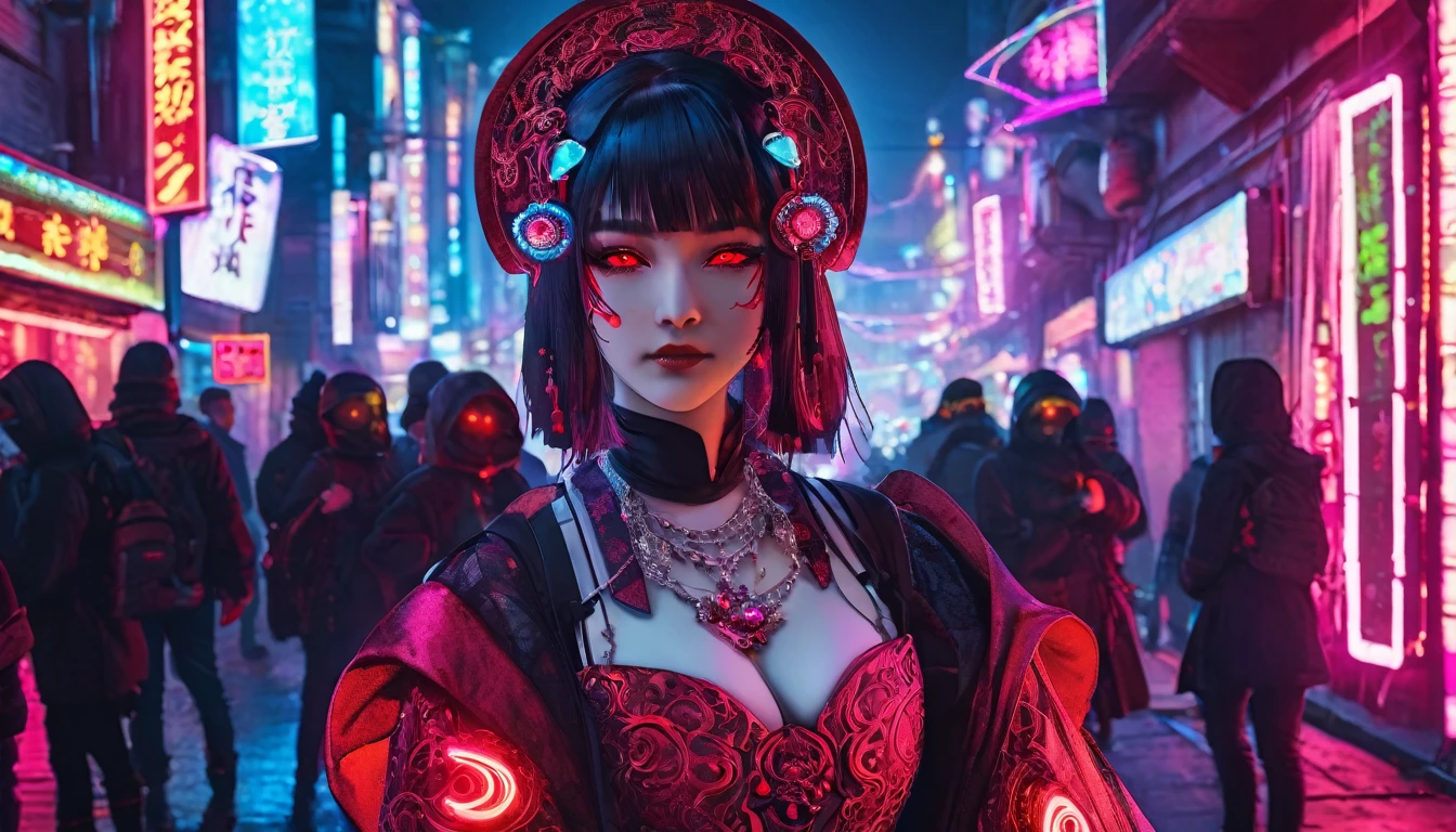 A girl dressed as a courtesan, teenager, one person, cyberpunk, red eyes, glowing eyes, neon street, courtesan procession