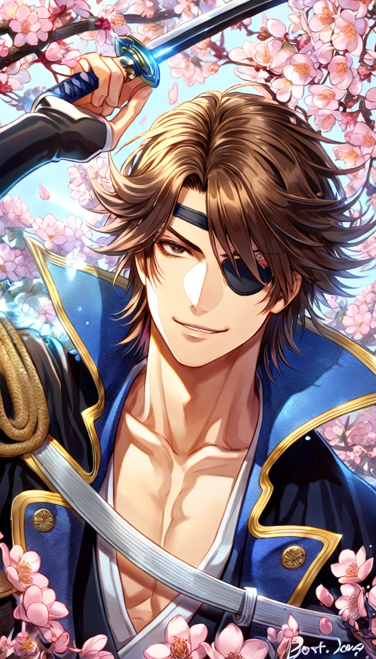 absurdres, highres, ultra detailed, HDR, master piece, Date Masamune, medium brown hair, expressive brown eye, black eye patch on his right eye, Sengoku Basara, sexy man, handsome, best quality, blossoms, pink petals, pink flowers, fantasy, magical, blue shining fireflies, solo, smirking, blue and black clothes,